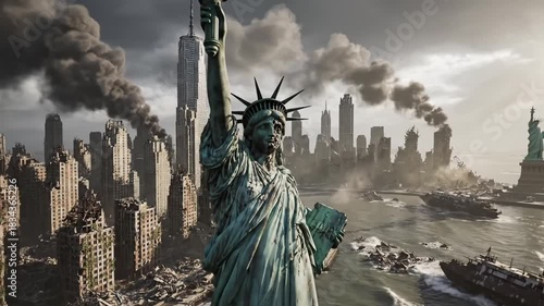 Apocalyptic New York City: Statue of Liberty in a Destroyed and Ruined Cityscape