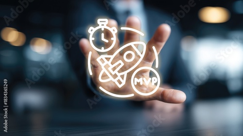 Businessman hand interacting with glowing rocket, stopwatch and MVP icons. Concept of fast product launch, efficient project execution, minimum viable product and business acceleration