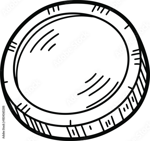 Hand-drawn single coin icon, doodle solid black on white, simple circle with faint detail, quick money sketch