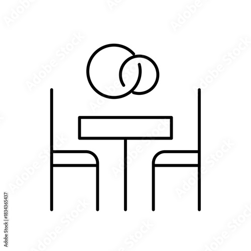 Romantic dinner table wedding rings vector line icon for love celebration