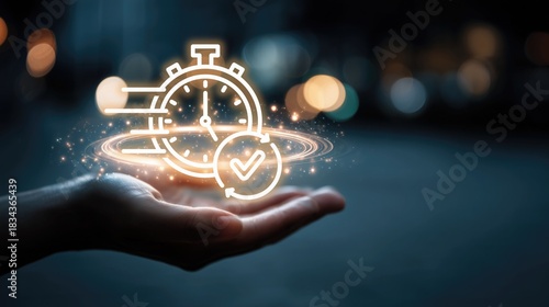 Hand holding glowing stopwatch and checkmark icons. Concept of time efficiency, task completion, quick process, timely achievement and productivity in modern business or professional setting.