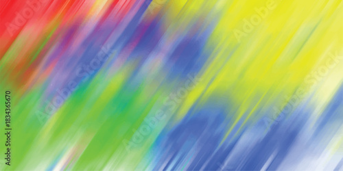 Vibrant abstract background with diagonal brush strokes of red, green, blue, and yellow paint creating a dynamic and energetic artistic composition