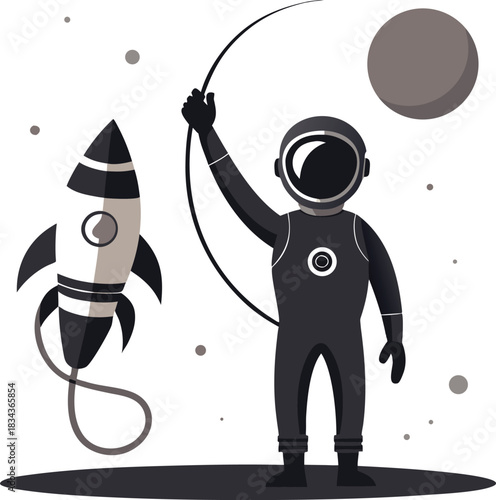 Astronaut holding a tether connected to a rocket in outer space with a planet