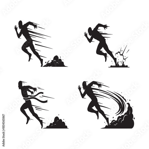 Energetic runner sprinting silhouette with motion lines and dust trail