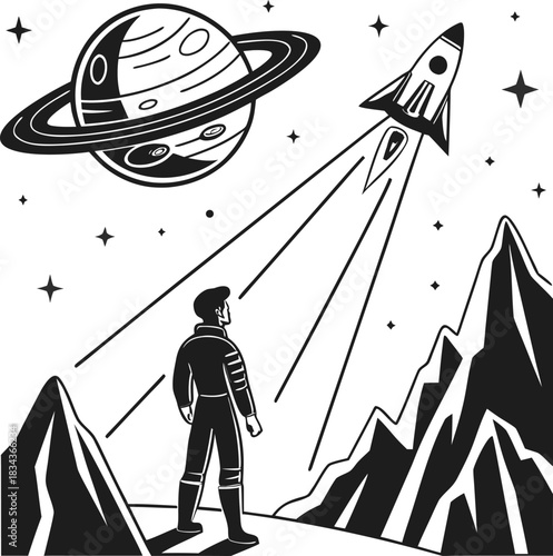 Astronaut gazes up at rocket launching towards saturn in outer space