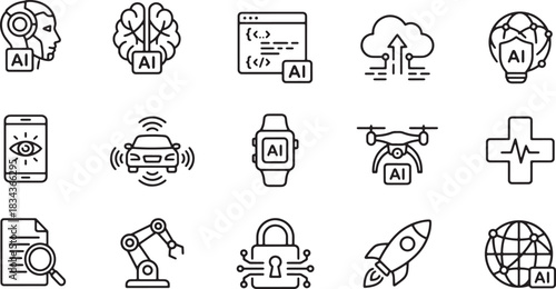 Collection of black and white line icons representing various artificial intelligence and technology concepts 