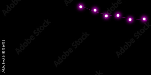A string of six glowing purple lights hangs against a stark black background, creating a minimalist and festive design element.