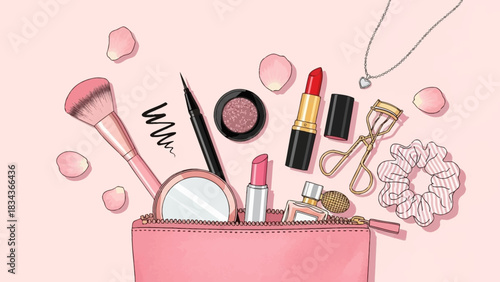 Elegant beauty essentials with pink cosmetics bag and soft floral accents illustration