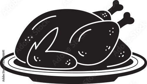 Roasted Thanksgiving Turkey on a Plate Black and White Outline Illustration