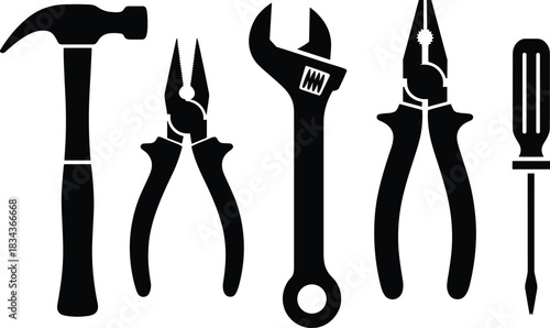 Black hand tools silhouette set, hammer pliers wrench screwdriver icons, construction repair equipment vector illustration isolated on white background design
