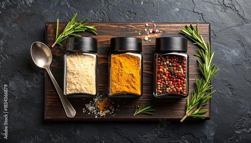 Fototapeta Naklejka Na Ścianę i Meble -  Three spice jars with rosemary and spoon on wooden board