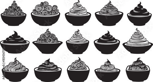Black and white illustration of assorted bowls of whipped cream desserts