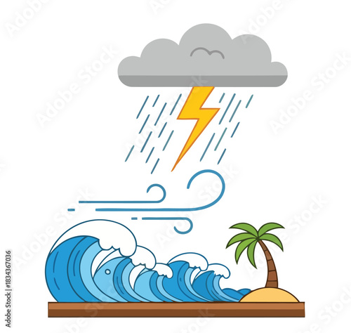Vector illustration of a natural disaster concept showing a powerful tsunami wave and stormy weather with rain, wind, and lightning over a tropical island