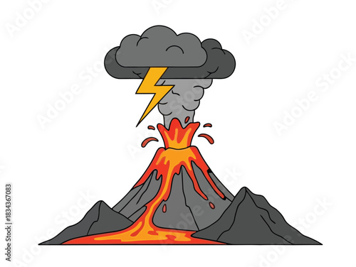 Stylized depiction of a volcanic eruption, featuring a fiery lava stream and a powerful lightning bolt emerging from a dark ash cloud