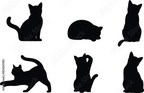 Black cat silhouette icon set, various cute kitten poses, minimal vector illustration collection isolated on white background for pet design