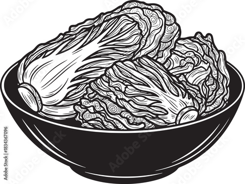 Black and white kimchi drawing in bowl artistic food illustration