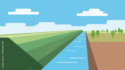 Scenic Irrigation Canal Landscape with Fields and Trees Under Cloudy Skies