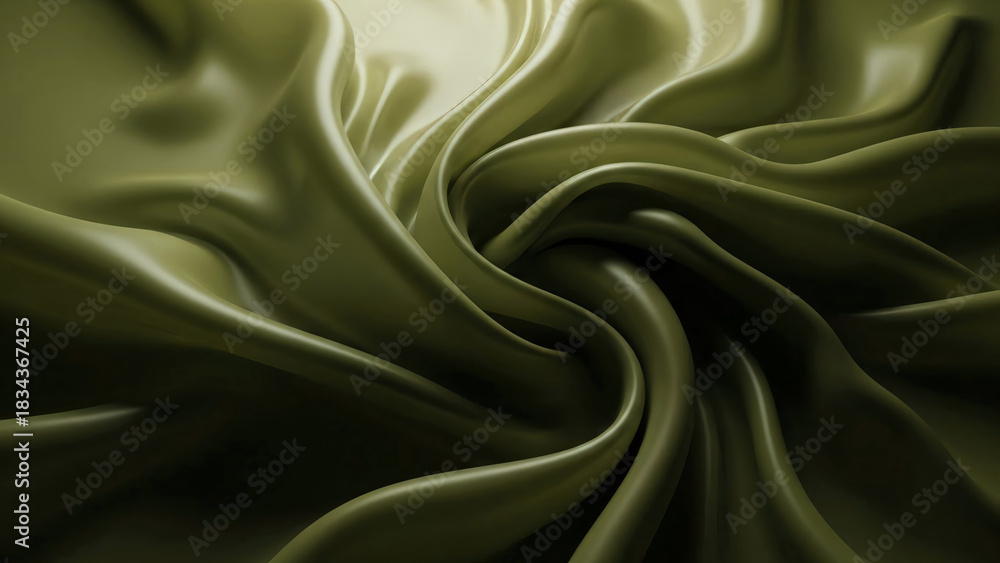 Obraz premium Green folds and ruffles of leather or latex flowing fabric. Banner background template for advertising cosmetics, perfumes, and fabric designs in a natural style, copy space.