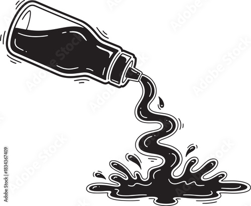 Hand drawn bottle pouring liquid with splash isolated on white background