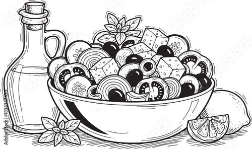 Hand drawn Greek salad with olive oil and lemon illustration