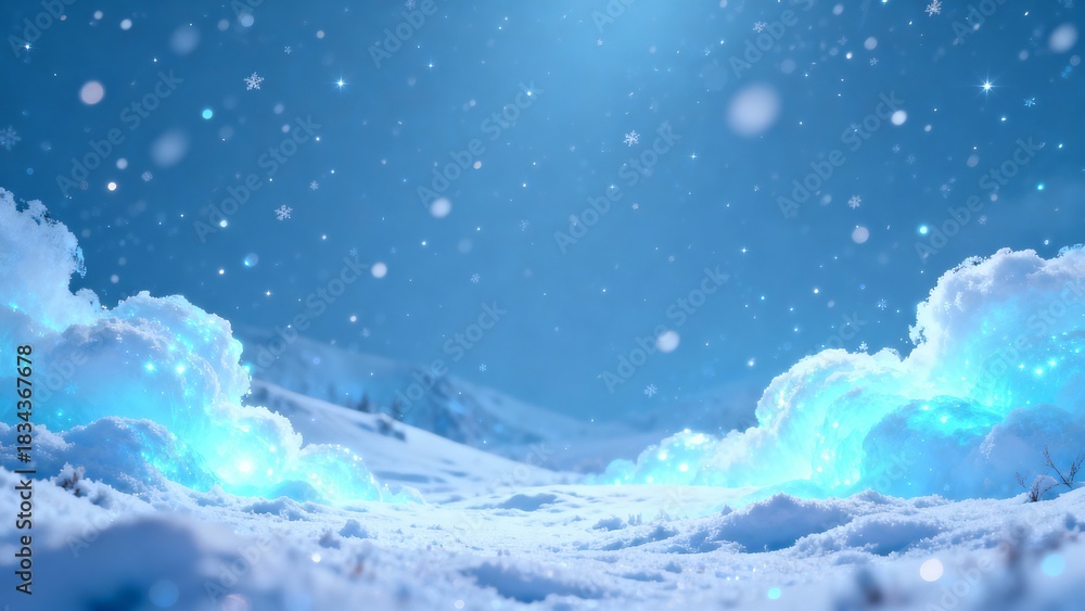 Fototapeta premium Snow-Covered Fantasy World with Glowing Clouds and Twinkling Star Lights.