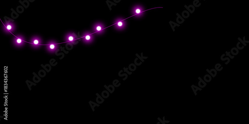 A string of glowing purple fairy lights hanging in a gentle curve against a solid black background.