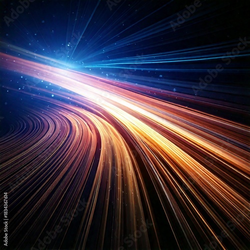 A bright, glowing fractal burst background of blue and color lines shows the energy of a star in space with speed and motion