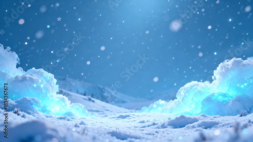 Snow-Covered Fantasy World with Glowing Clouds and Twinkling Star Lights.