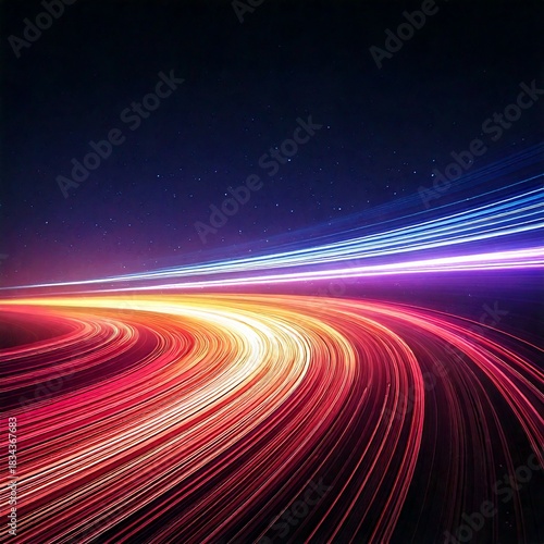 Abstract colorful wave motion texture of glowing speed lines on a dark night road background