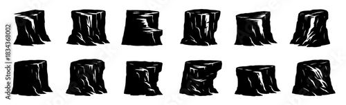 Silhouettes of tall stone blocks with solid geometric mass. Each block features subtle surface irregularities and carved edges