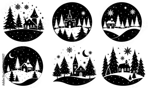 Enchanting winter village scenes, perfect for holiday greetings and seasonal designs, crafted in elegant black and white for timeless appeal and festive cheer