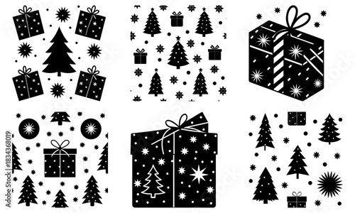 Festive Christmas icons seamless pattern collection; Christmas trees, gift boxes and snowflakes for holiday cheer and seasonal designs, vector style