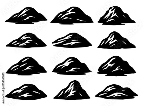 Silhouettes of low mountain shapes with smooth layered slopes. Each formation shows soft ridges and natural contours