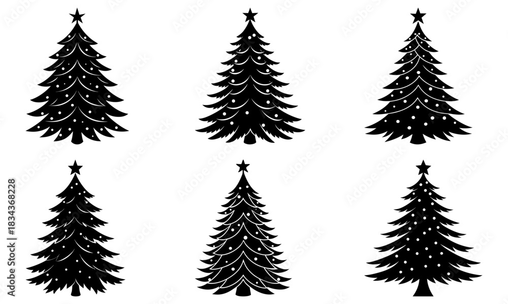 Obraz premium Classic Christmas trees for festive holiday design projects, scalable for any size! Six elegant evergreen silhouettes create a magical winter wonderland