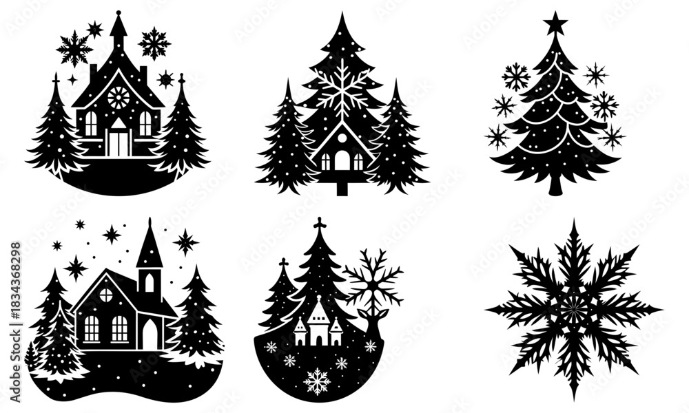 Fototapeta premium Charming winter village and Christmas tree scenes for holiday crafts and decorations, festive silhouette designs for card making and seasonal projects