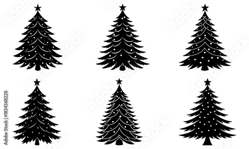 Classic Christmas trees for festive holiday design projects, scalable for any size! Six elegant evergreen silhouettes create a magical winter wonderland