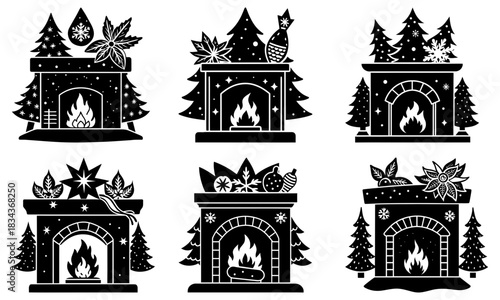 Festive fireplaces with glowing fires, perfect for cozy winter scenes and holiday cheer, ideal for seasonal designs and warm home decor accents