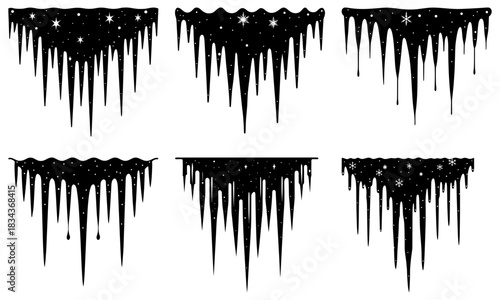 Winter icicles vector set for festive season designs, frozen snow decorations, holiday event elements, and frosty winter backgrounds with sparkling stars