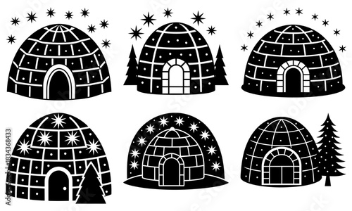 Charming igloo village illustration with snowy stars and winter trees, perfect for holiday greetings or winter-themed designs, originally a scalable graphic