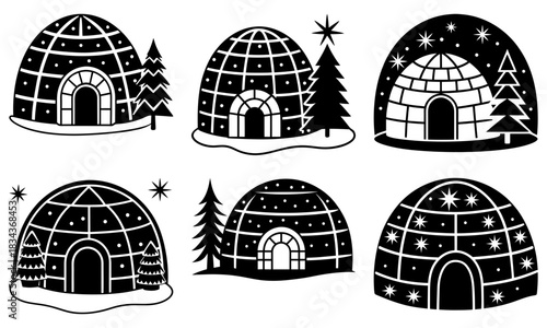 Festive igloo village with twinkling stars and winter trees, a charming illustration perfect for holiday cards and seasonal designs, vector style