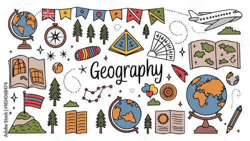 Geography themed educational illustration with globes maps compass airplane and travel icons in playful doodle style