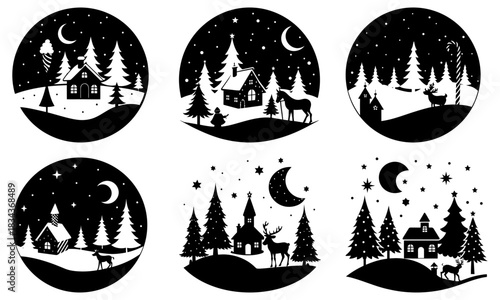 Enchanting winter village scenes with snow-covered houses, Christmas trees, crescent moon, and deer silhouettes creating a festive holiday atmosphere