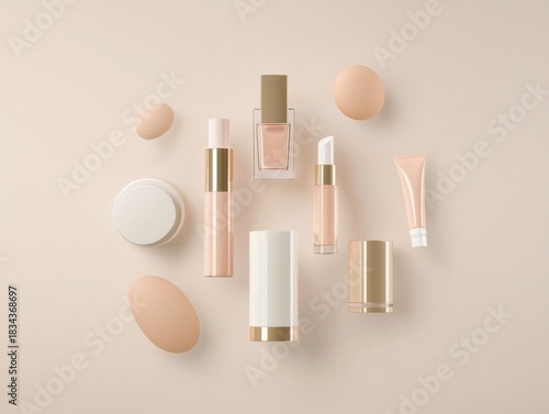 Makeup brushes, foundation, blending sponges neatly organized on neutral surface, highlighting professional cosmetic styling and beauty product arrangement