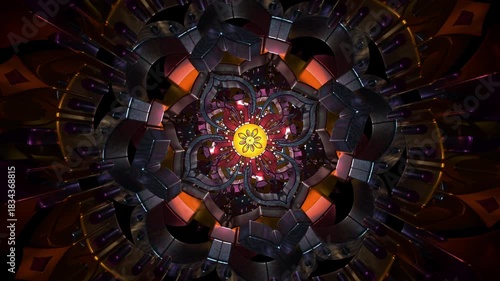 Intricate glowing 3D mandala with metallic ornaments and luminous symmetrical petals forming a radiant abstract pattern, futuristic ornamental kaleidoscope design, dark background, vibrant geometric