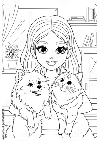 A girl holds her beloved fluffy pets in her arms. coloring book