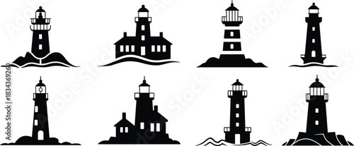 PrintBlack lighthouse silhouettes vector illustration set depicting various coastal beacons, navigation towers, marine buildings, sea safety, and ocean travel symbols on a cliff.