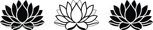 PrintBlack lotus flower icon set vector illustration featuring sacred flowers, water lilies, yoga symbols, spa elements, meditation, and religious or spiritual design concepts.