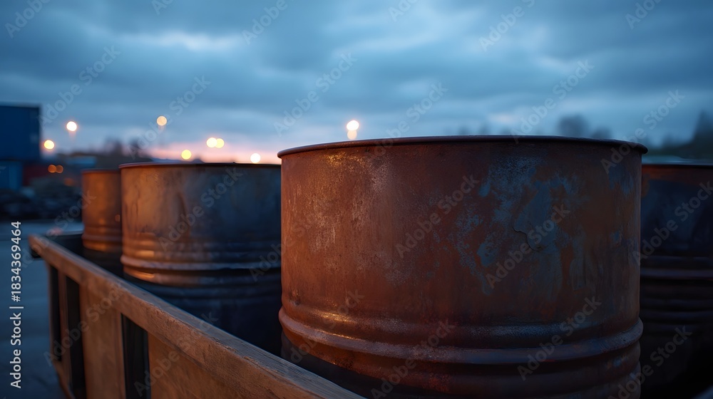 Fototapeta premium Rusty metal barrels sit in an industrial yard at twilight