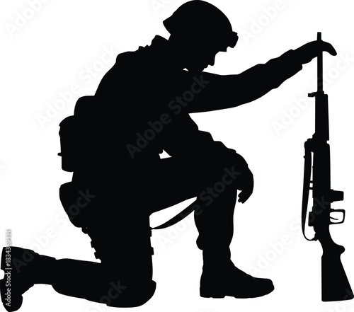 PrintBlack silhouette vector illustration of a kneeling soldier resting on a rifle, symbolizing military service, tribute, remembrance, honor, army, and fallen heroes.