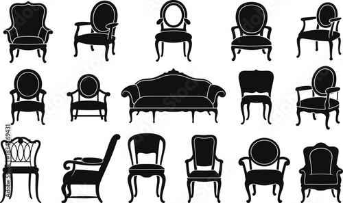 PrintBlack Silhouette Vector Icons of Antique and Vintage Furniture Set, Including Baroque Chairs, Armchairs, and Elegant Sofas for Interior Design